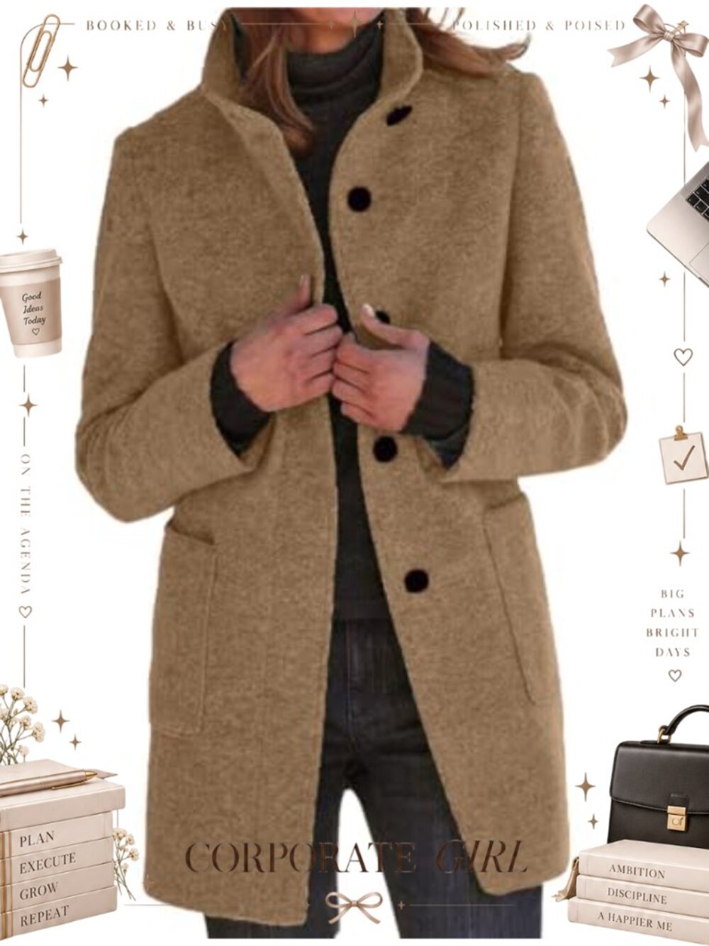 Wool Blend Pea Coat Stand Collar Single Breast Thicken Blazer Jacket